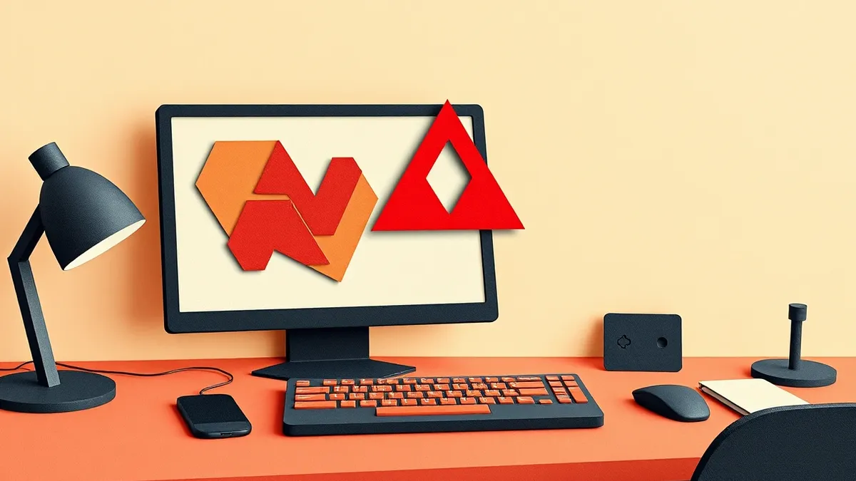 Illustration: A sleek black security console sits on a desk with its screen displaying abstract geometric shapes.