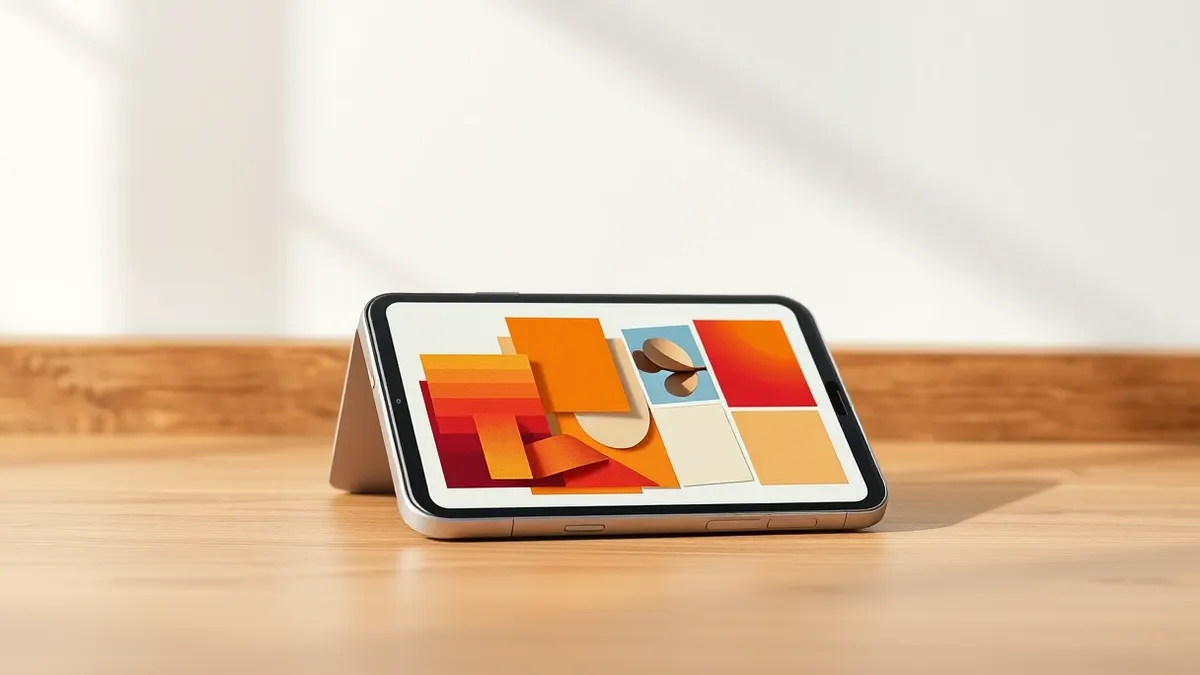 Illustration: An open gray foldable smartphone rests on a wooden desk in a tent position.