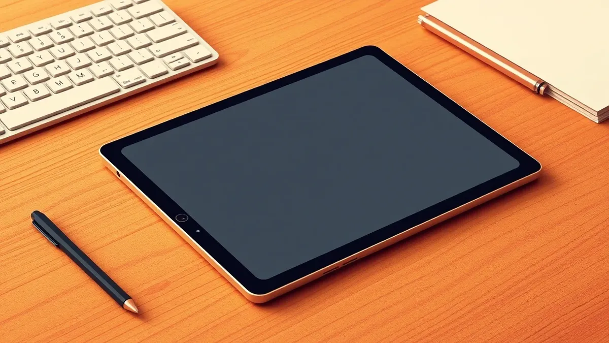 Illustration: A sleek tablet with a matte screen rests on a wooden desk, flanked by a keyboard and a stylus.