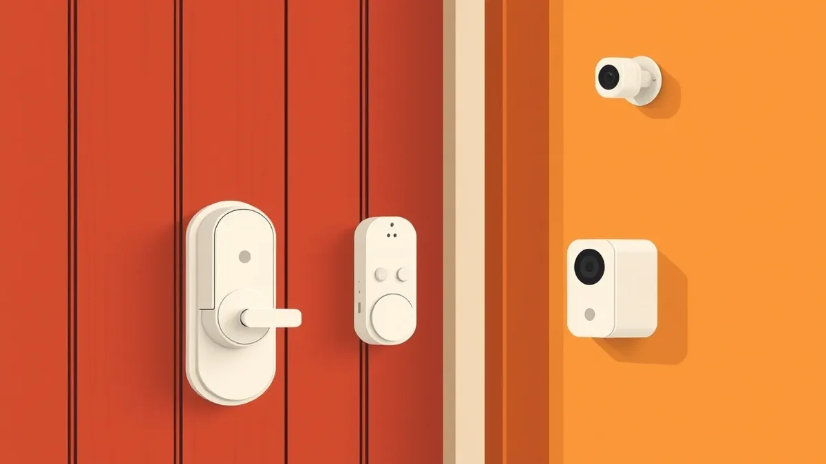Illustration: A minimalist white smart lock mounted on a wooden front door sits beside a small security camera on the wall.
