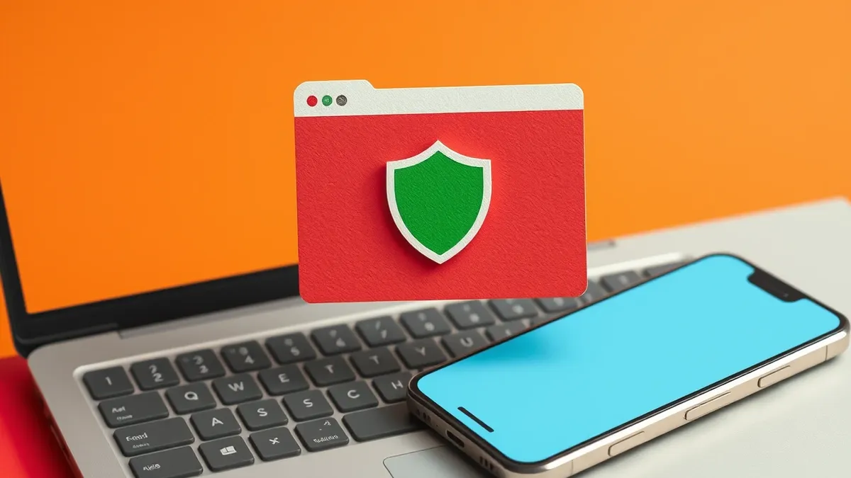 Illustration: A sleek chrome-colored browser window floats above a split surface of a laptop keyboard and an android smartphone screen.