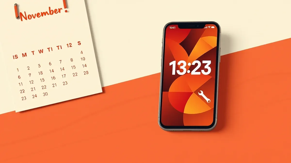 Illustration: A smartphone rests on a wooden table next to a wall calendar showing November.