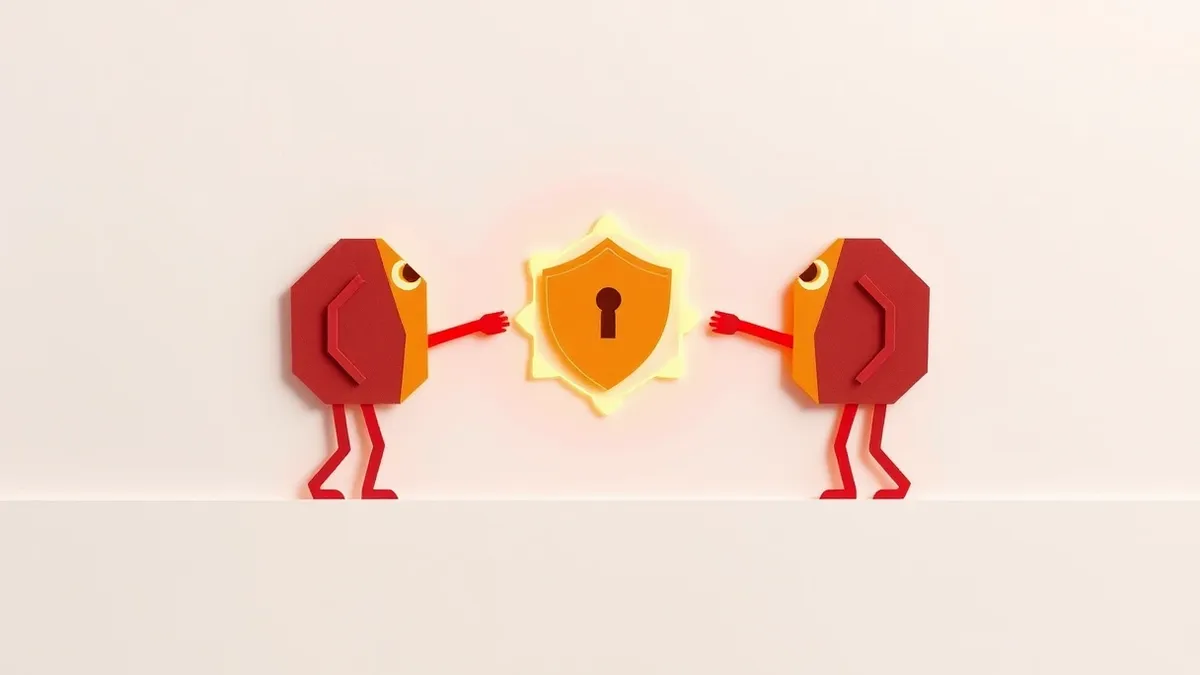 Illustration: Two distinct digital entities exchange abstract geometric tokens across a secure void.