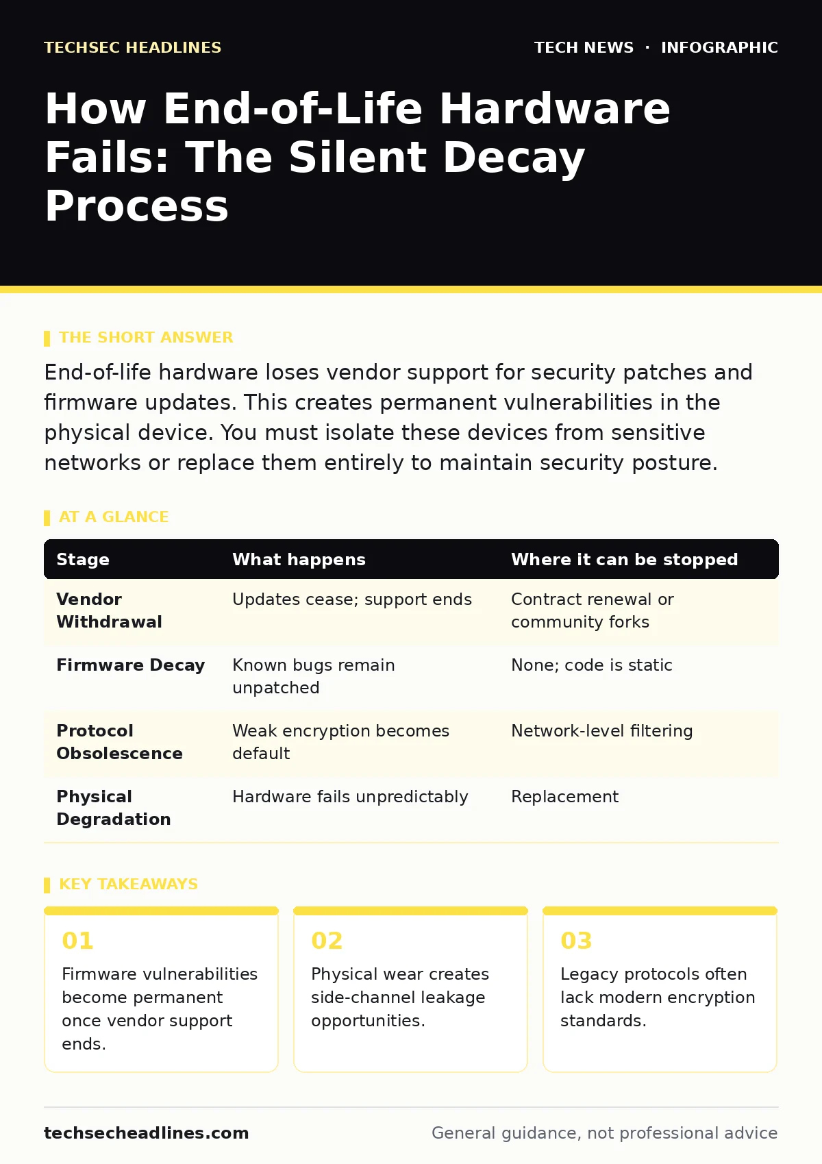 Infographic: How End-of-Life Hardware Fails: The Silent Decay Process. Firmware vulnerabilities become permanent once vendor support ends. Physical wear creates side-channel leakage opportunities. Legacy protocols often lack modern encryption standards.