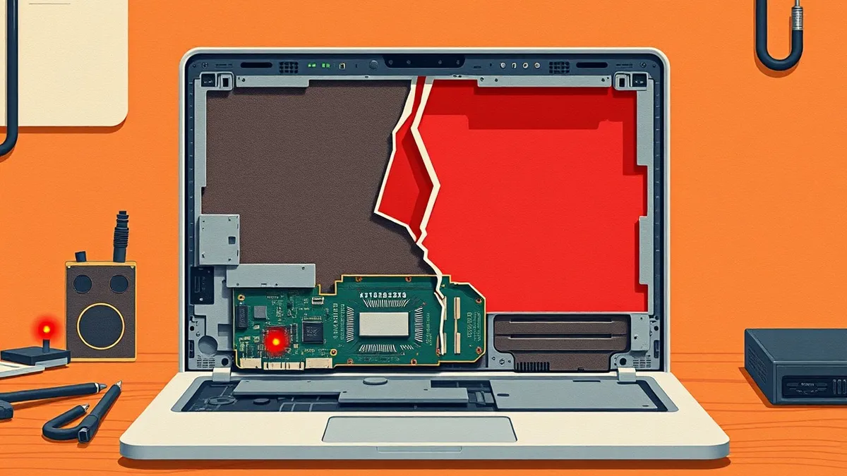 Illustration: An open laptop chassis sits on a workbench with its motherboard exposed.