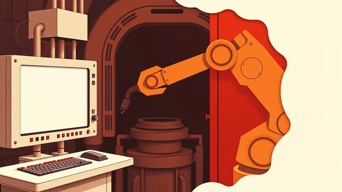 Illustration: A blank industrial control panel sits beside a robotic arm that extends into the shadowed gap behind heavy machinery, creating a deceptive blind spot while the screen