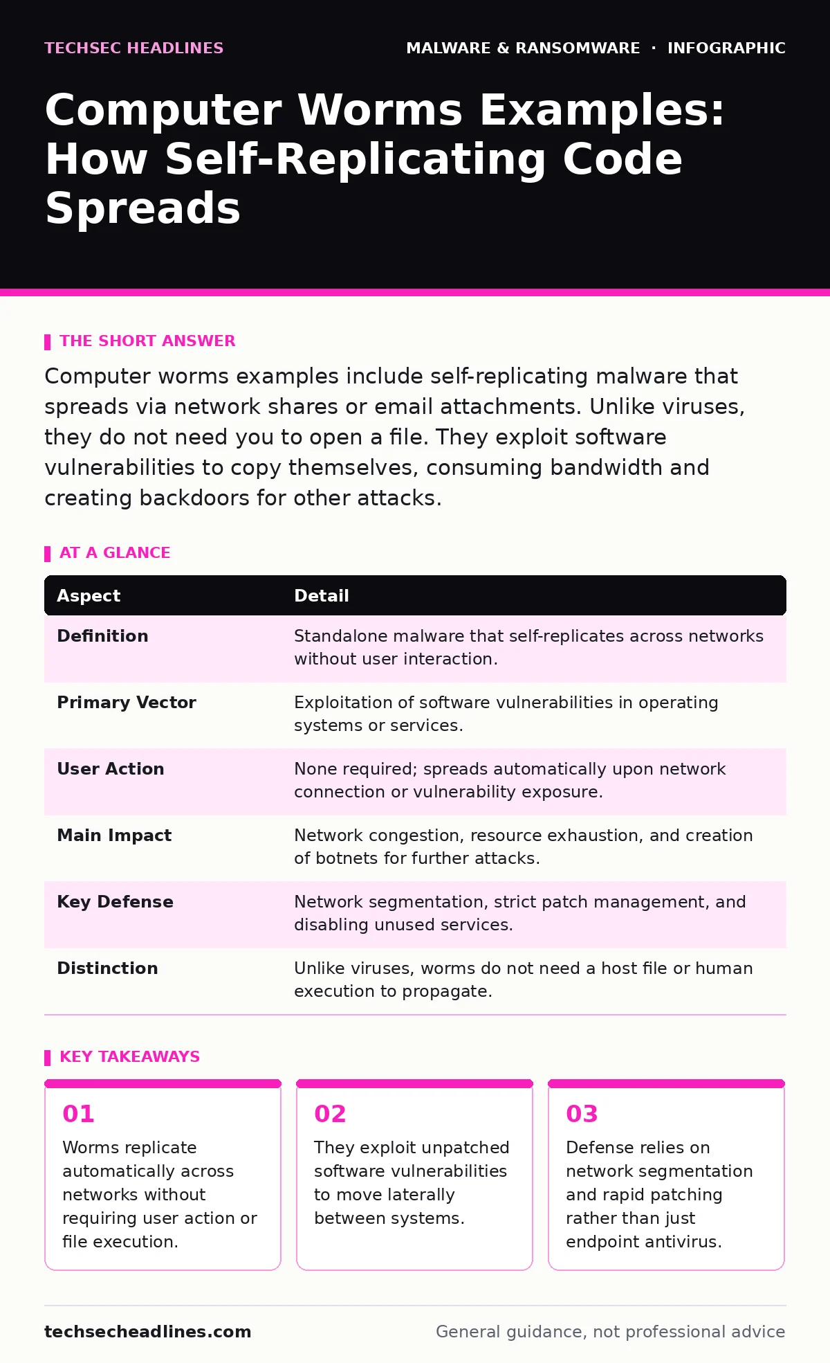 Infographic: Computer Worms Examples: How Self-Replicating Code Spreads. Worms replicate automatically across networks without requiring user action or file execution. They exploit unpatched software vulnerabilities to move laterally between systems. Defense relies on network segmentation and rapid