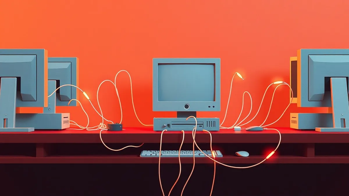 Illustration: A single gray computer sits isolated on a desk while thin, glowing tendrils snake out from its ports, connecting to identical machines nearby.