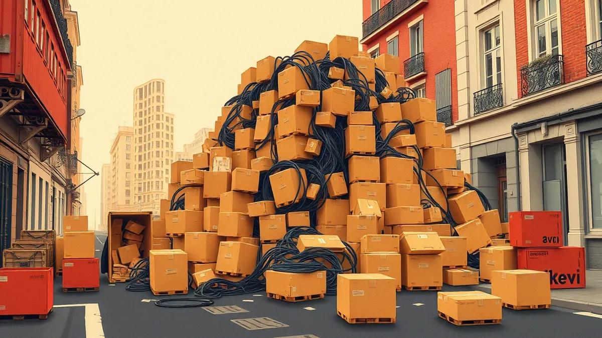 Illustration: A massive pile of heavy server boxes sits on a European street, surrounded by tangled cables and open shipping crates.