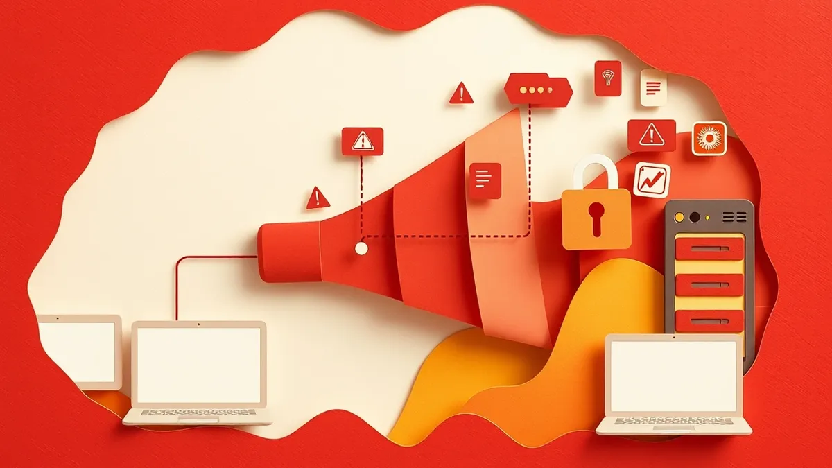 Illustration: A continuous integration pipeline flows through a transparent funnel where raw code transforms into secure application packages.