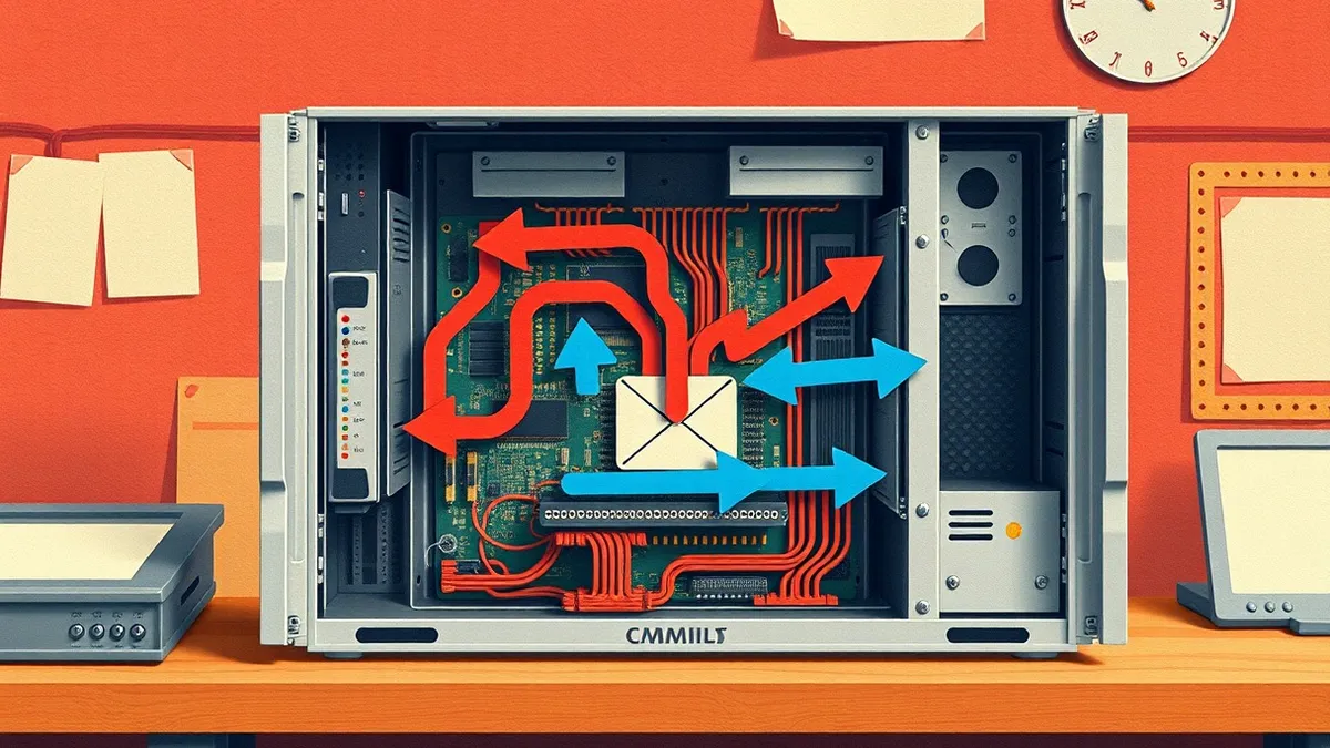 Illustration: An open metal chassis sits on a workbench, its interior filled with circuit boards and cooling fans.