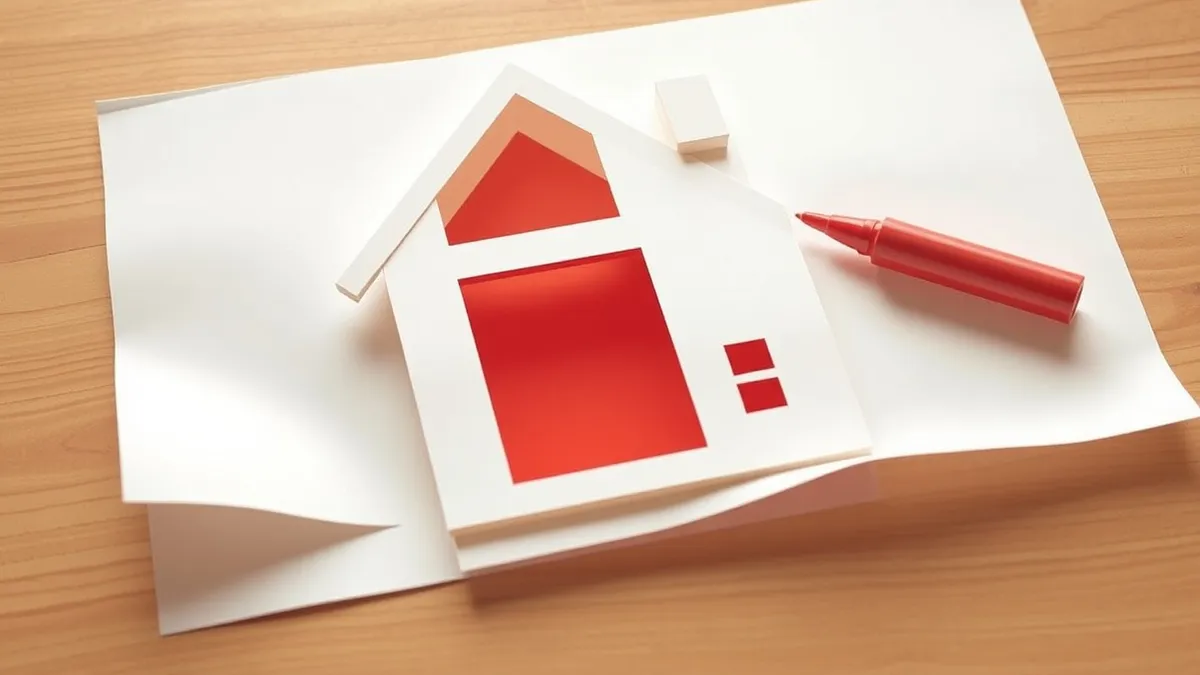 Illustration: A white architectural blueprint of a simple house lies on a wooden table.