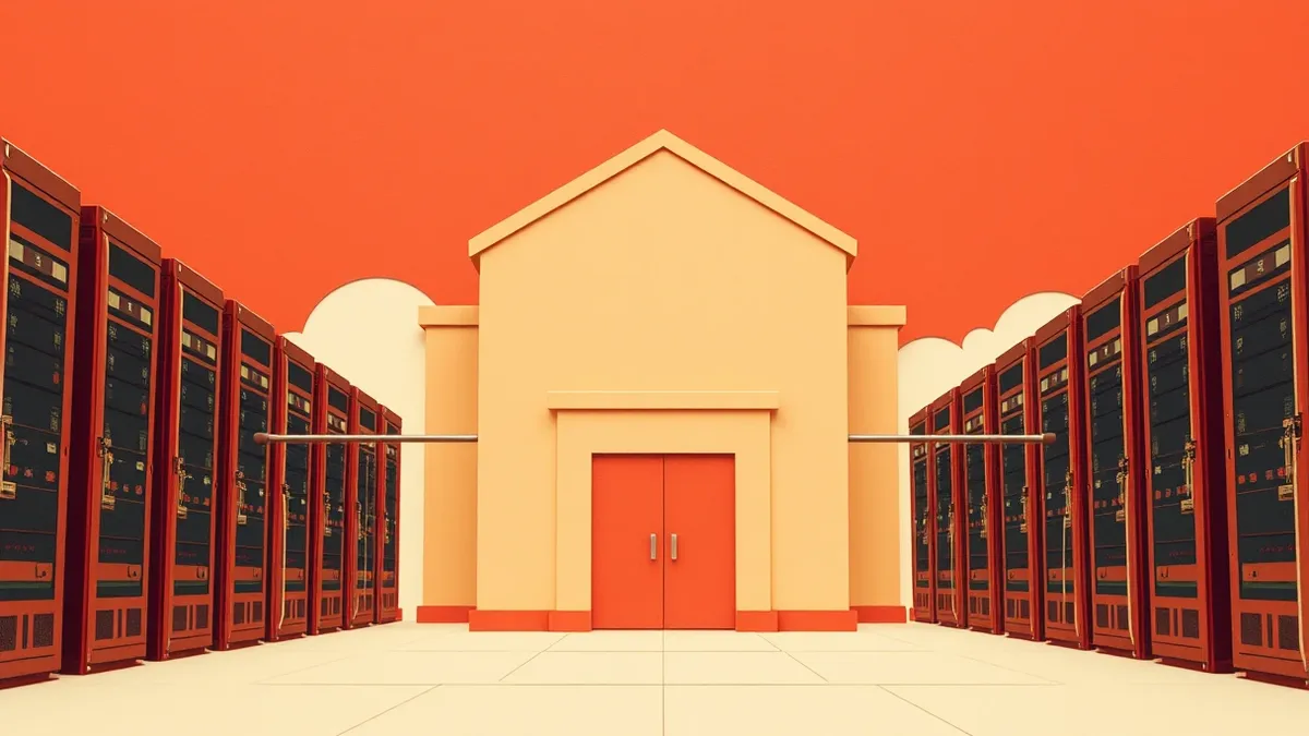 Illustration: A large office building with its entrance door firmly shut stands before a row of open source server racks.