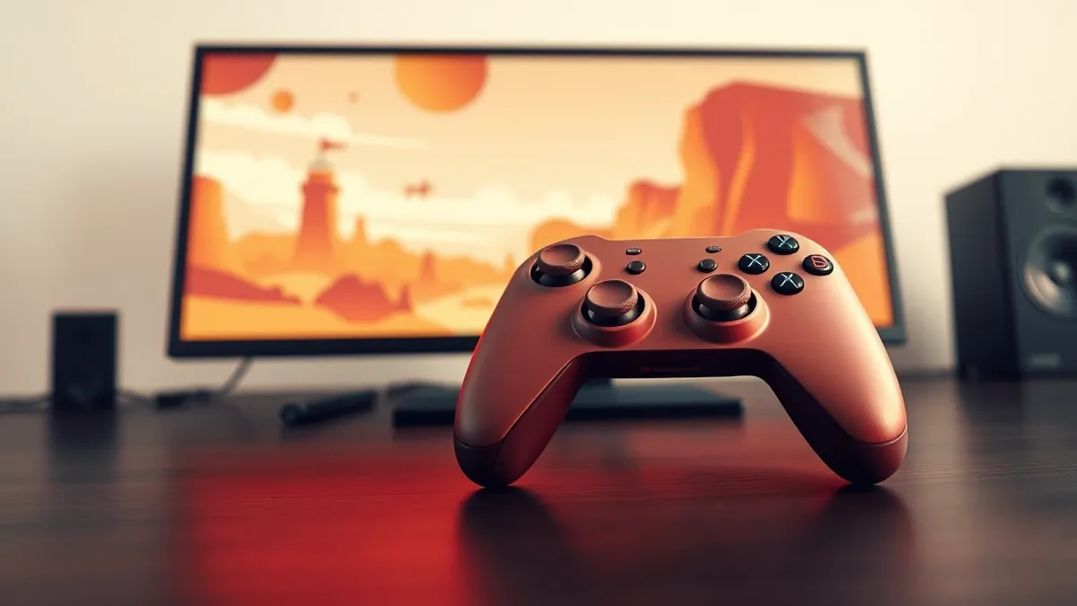 Illustration: A sleek gaming controller rests on a dark wooden table next to a modern desktop monitor displaying a vibrant, abstract video game landscape.