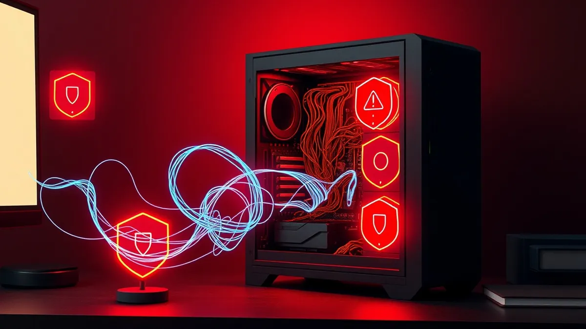 Illustration: A sleek black server tower sits open on a dark desk, revealing tangled circuit boards inside.