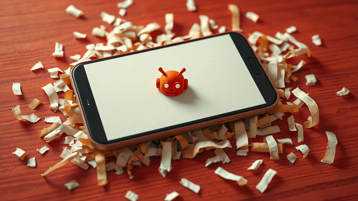 Illustration: A cracked smartphone screen rests on a wooden desk beside a scattered pile of shredded paper fragments.