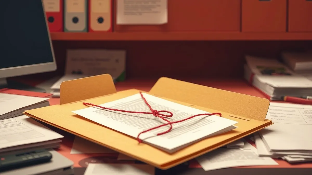 Illustration: A single printed document slides from a misfiled manila folder onto a cluttered office desk.