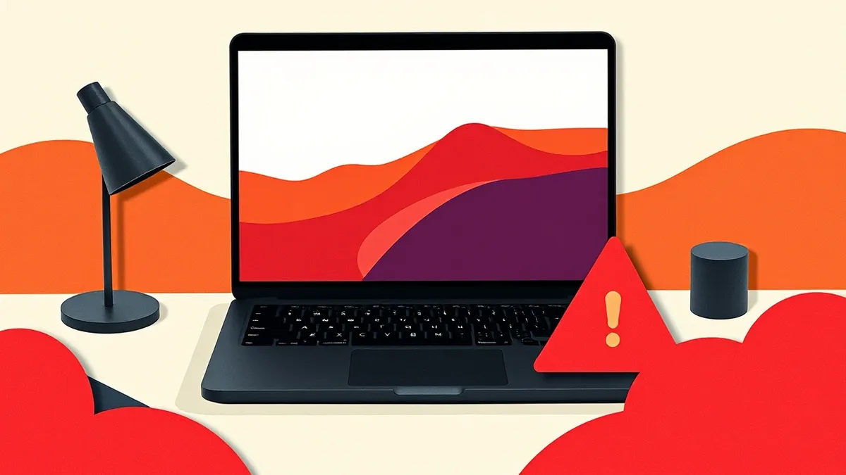 Illustration: A sleek black laptop sits on a minimalist desk, its screen displaying a blank macOS interface with abstract geometric shapes.