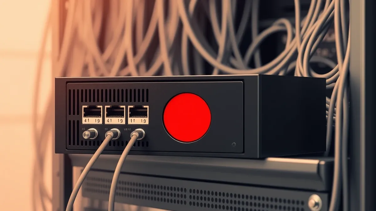 Illustration: A sleek black network appliance sits on a metal rack, its front panel displaying a single solid red circle.
