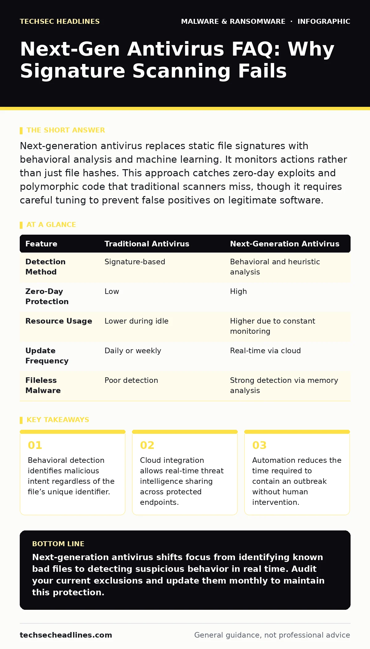 Infographic: Next-Gen Antivirus FAQ: Why Signature Scanning Fails. Behavioral detection identifies malicious intent regardless of the file’s unique identifier. Cloud integration allows real-time threat intelligence sharing across protected endpoints. Automation reduces the time required to contain a