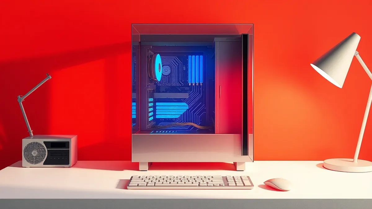 Illustration: A transparent glass box sits on a clean white desk, containing a sleek silver computer tower.
