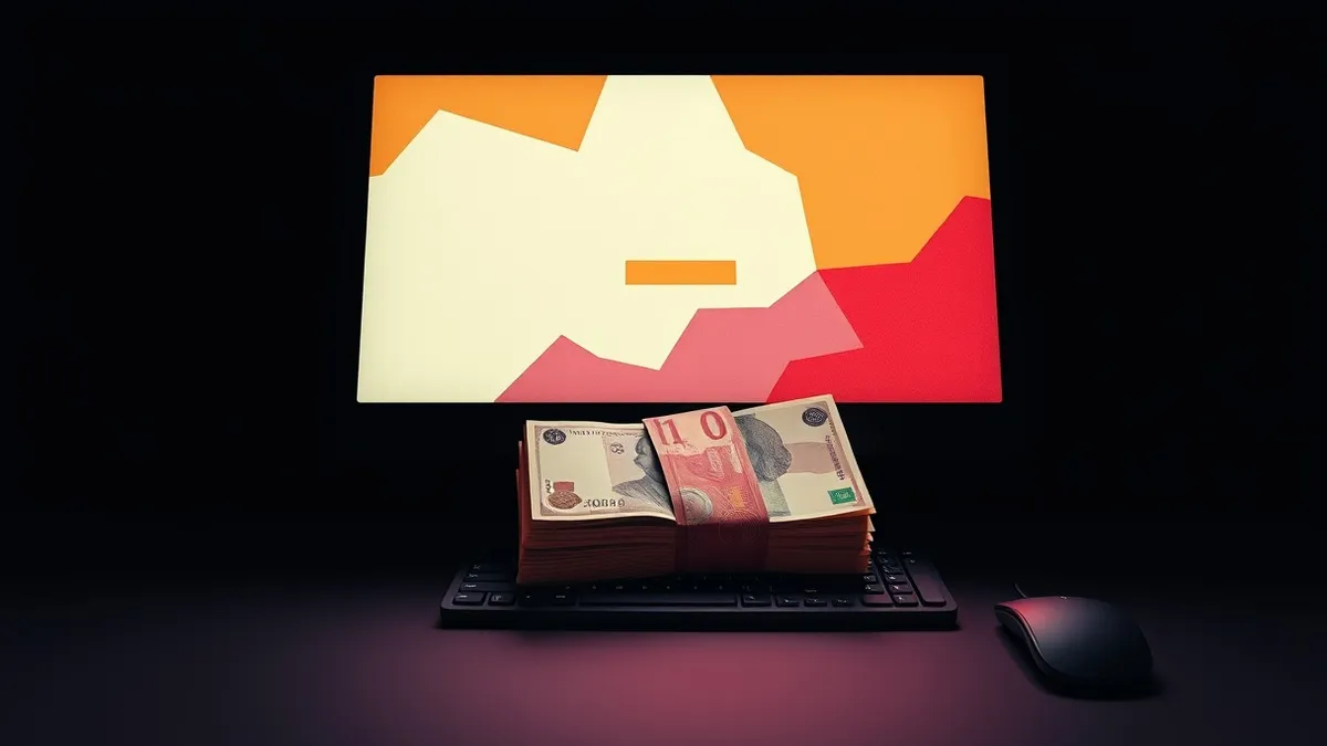 Illustration: A sleek desktop computer monitor displays a locked screen with abstract geometric shapes.