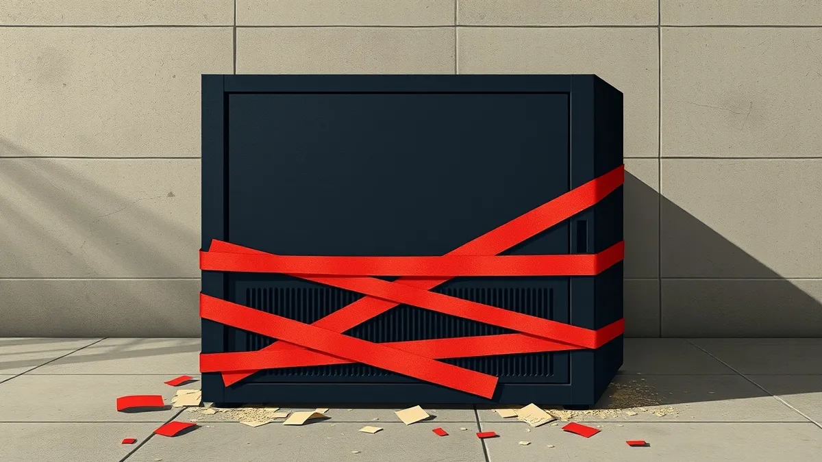 Illustration: A sleek black server unit sits abandoned on a concrete floor, its front panel dark and silent.