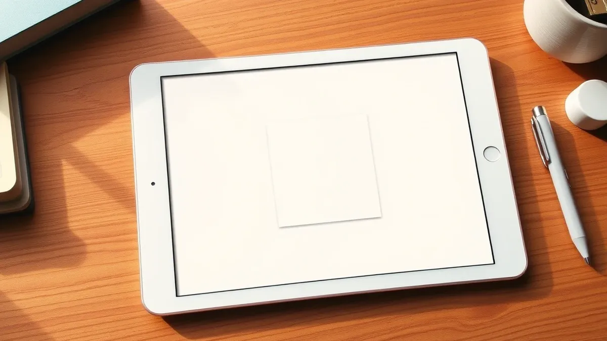 Illustration: A sleek white tablet rests on a wooden desk, displaying a blank canvas with a single geometric square.