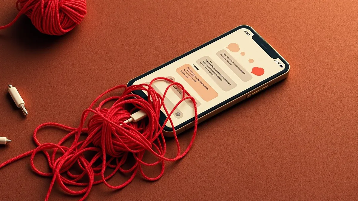Illustration: A sleek smartphone rests on a dark wooden desk, its screen displaying a generic chat interface with abstract bubbles.