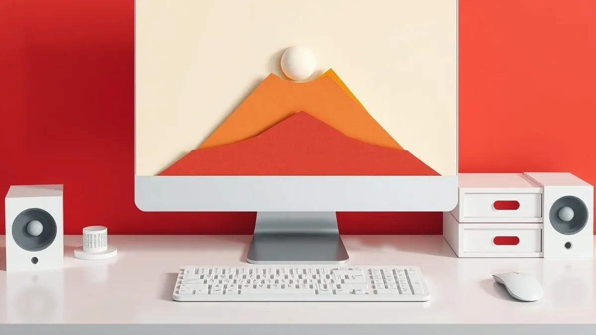 Illustration: A sleek white workstation sits on a minimalist desk, displaying a single blank input field on its monitor.