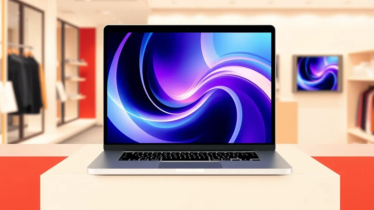 Illustration: A sleek laptop sits on a minimalist retail counter.