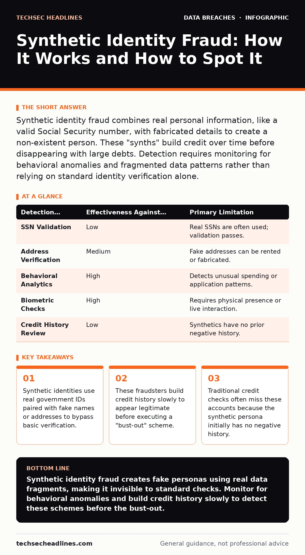 Infographic: Synthetic Identity Fraud: How It Works and How to Spot It. Synthetic identities use real government IDs paired with fake names or addresses to bypass basic verification. These fraudsters build credit history slowly to appear legitimate before executing a "bust-out" scheme. Traditional c
