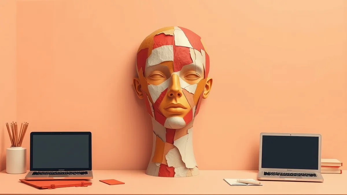 Illustration: A translucent mannequin head sits on a plain desk, its surface stitched together from mismatched shards of colored paper.