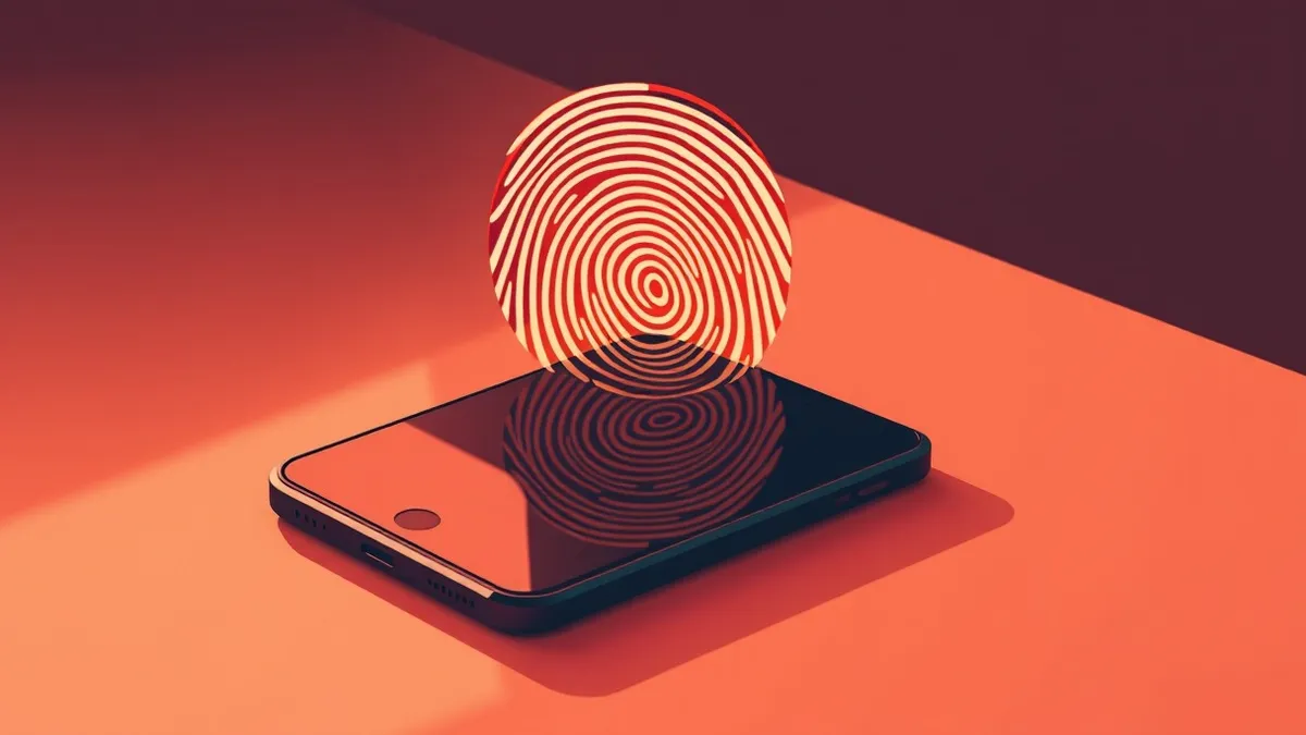 Illustration: A sleek smartphone rests on a smooth table, its dark screen reflecting a single human fingerprint.