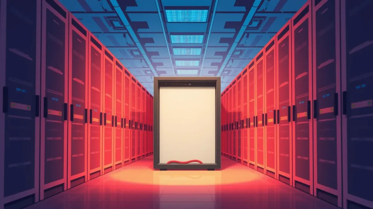 Illustration: A modern data center interior with rows of blank server racks under cool blue lighting.