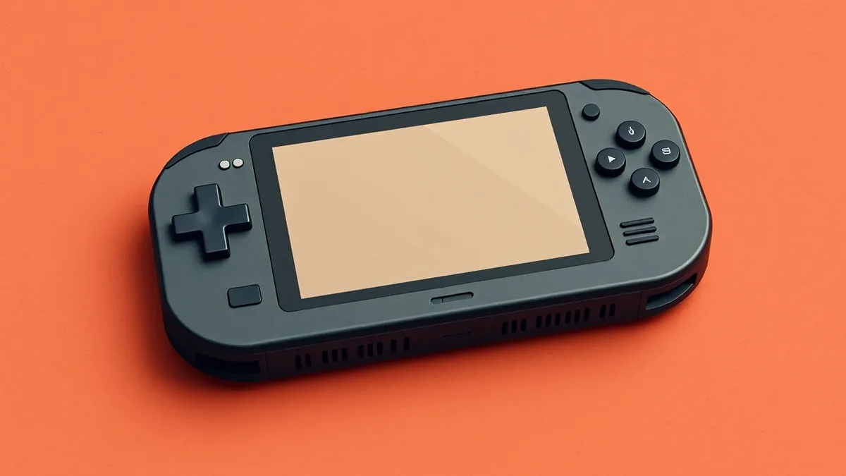 Illustration: A compact handheld gaming device with a central color screen flanked by dual analog thumbsticks and four action buttons rests on a textured surface.