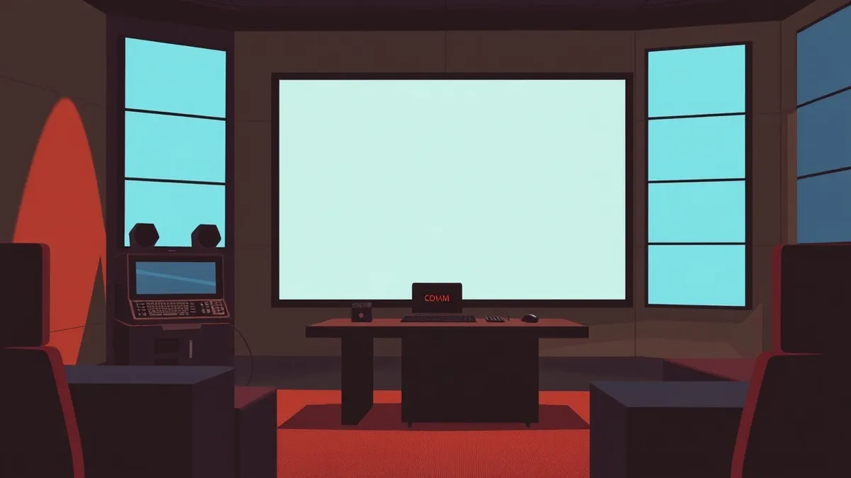 Illustration: A sleek black security console sits in a dimly lit monitoring room, its large blank screen reflecting the soft blue glow of ambient lighting.
