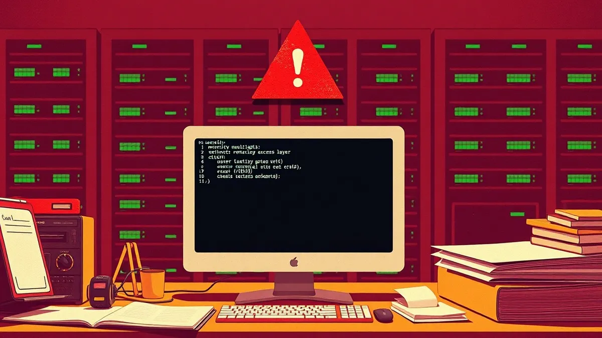Illustration: A terminal window displaying a command prompt sits on a cluttered desk.