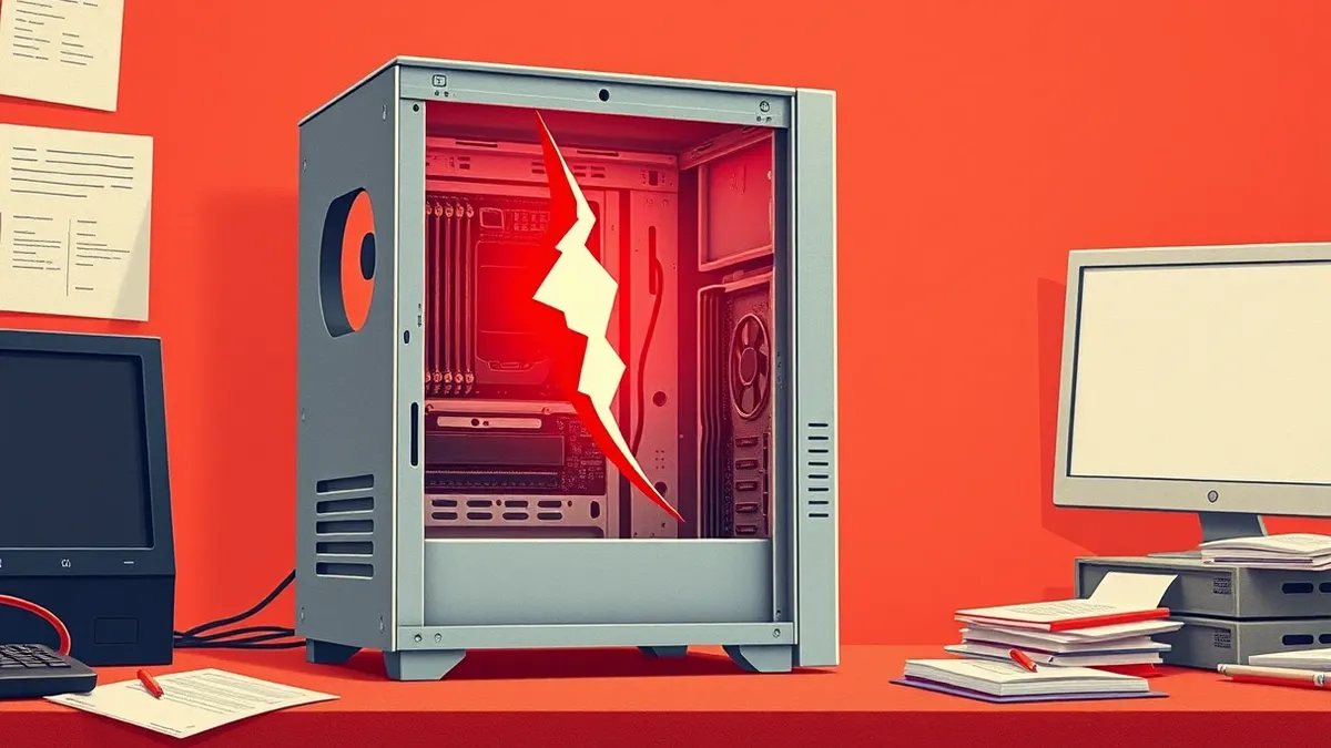 Illustration: A sleek silver tower PC sits on a cluttered desk, its casing slightly open to reveal the internal motherboard and RAM slots.