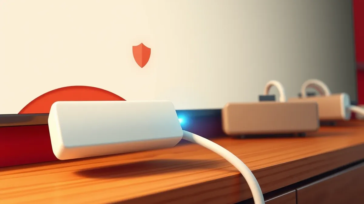 Illustration: A white cylindrical streaming dongle plugged into a blank television port rests on a wooden stand.