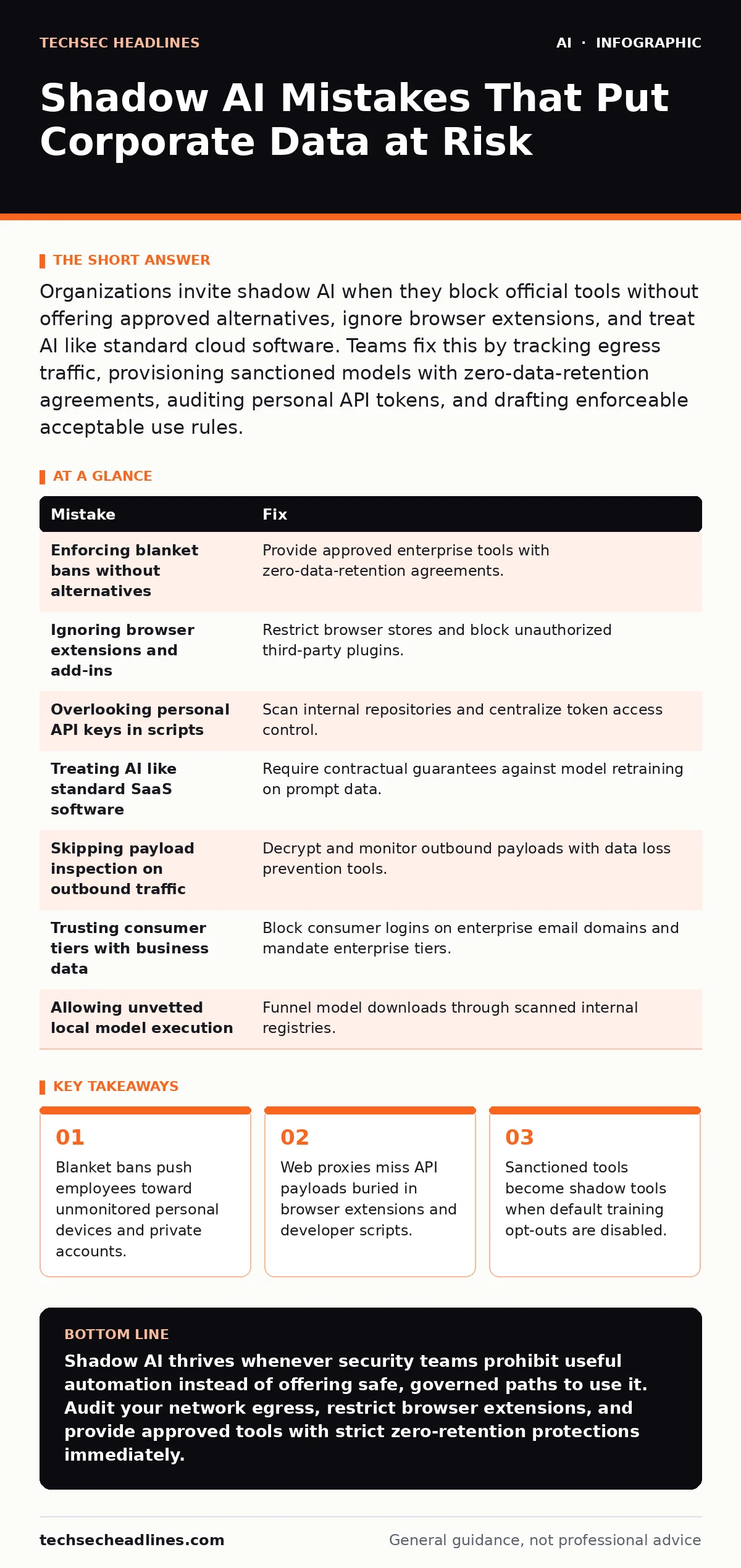 Infographic: Shadow AI Mistakes That Put Corporate Data at Risk. Blanket bans push employees toward unmonitored personal devices and private accounts. Web proxies miss API payloads buried in browser extensions and developer scripts. Sanctioned tools become shadow tools when default training opt-outs