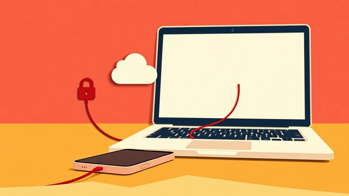 Illustration: A generic smartphone rests on a desk beside an open laptop with a blank screen.