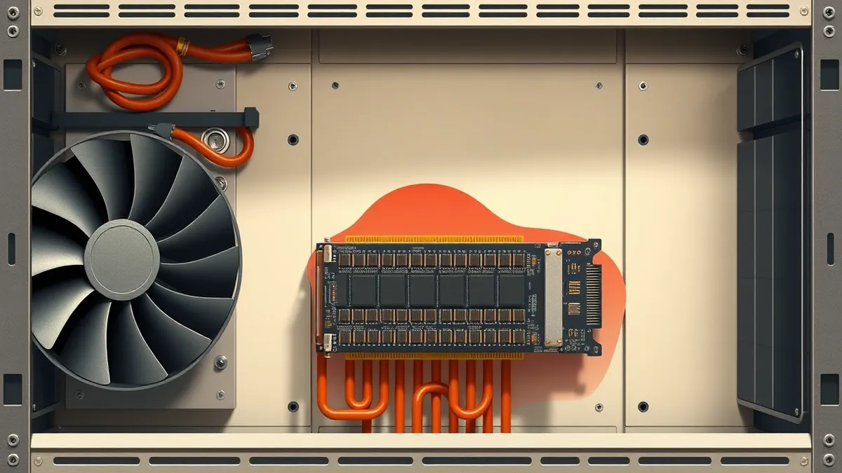 Illustration: A sleek silver computer blade sits inside an open server chassis, surrounded by large cooling fans and thick copper heat pipes.