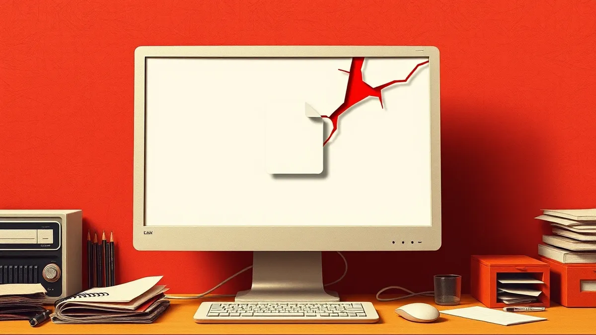 Illustration: A generic desktop computer sits on a cluttered office desk with a blank monitor.