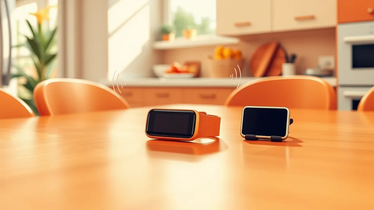 Illustration: A sleek wristband and a small chest clip rest on a polished wooden kitchen table.