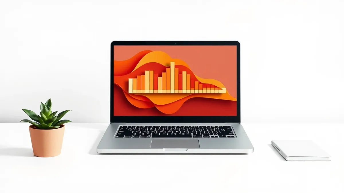 Illustration: A sleek silver laptop sits on a clean white desk, its screen displaying a vibrant abstract progress bar that has nearly reached the end.