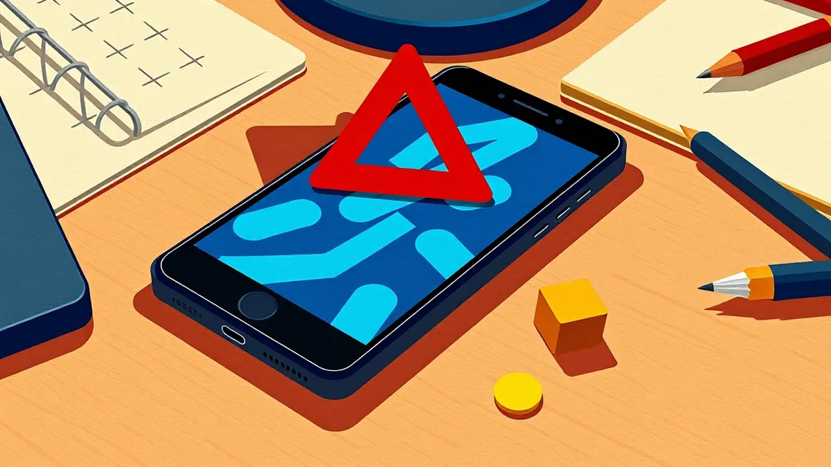 Illustration: A sleek black smartphone rests on a wooden police desk, its screen glowing with abstract blue shapes.