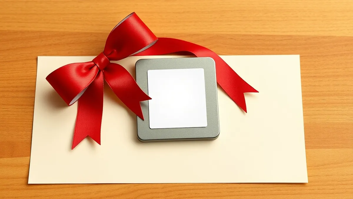 Illustration: A silver computer chip sits on a wooden desk beside a glossy red ribbon tied in a bow.