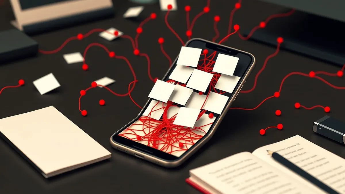 Illustration: A sleek smartphone sits on a dark desk, its screen displaying a grid of blank white task cards floating above a chaotic tangle of red and black digital threads.