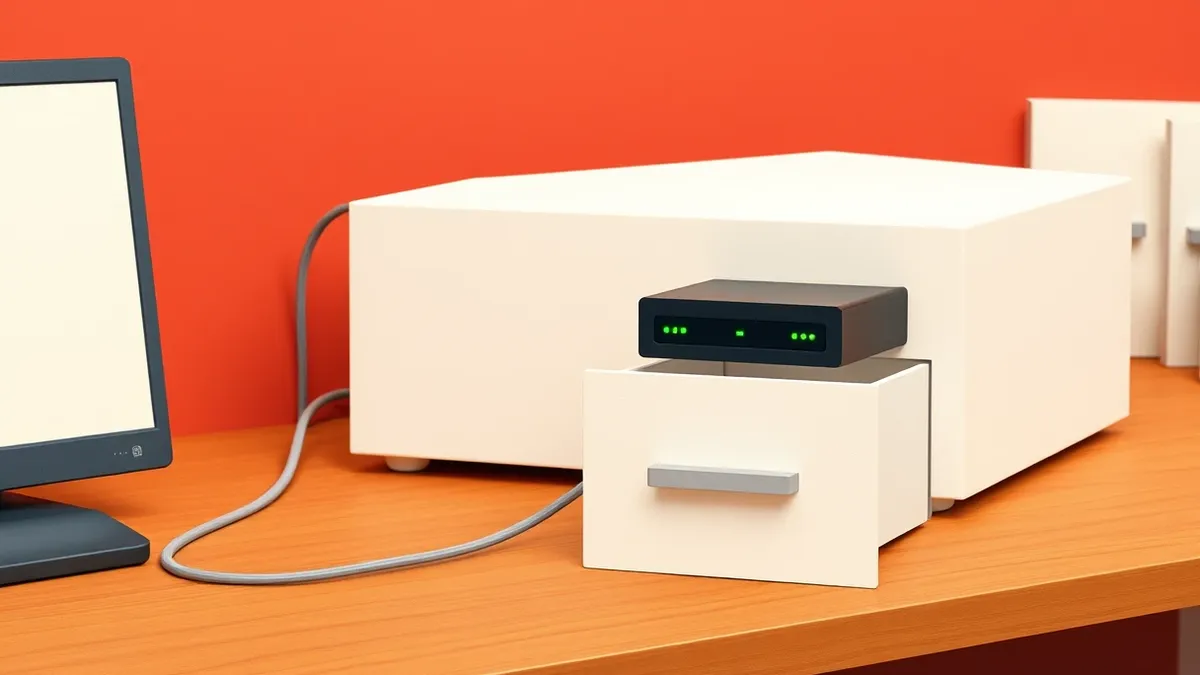 Illustration: A white server box sits on a wooden desk, with two thin cables extending from its back.